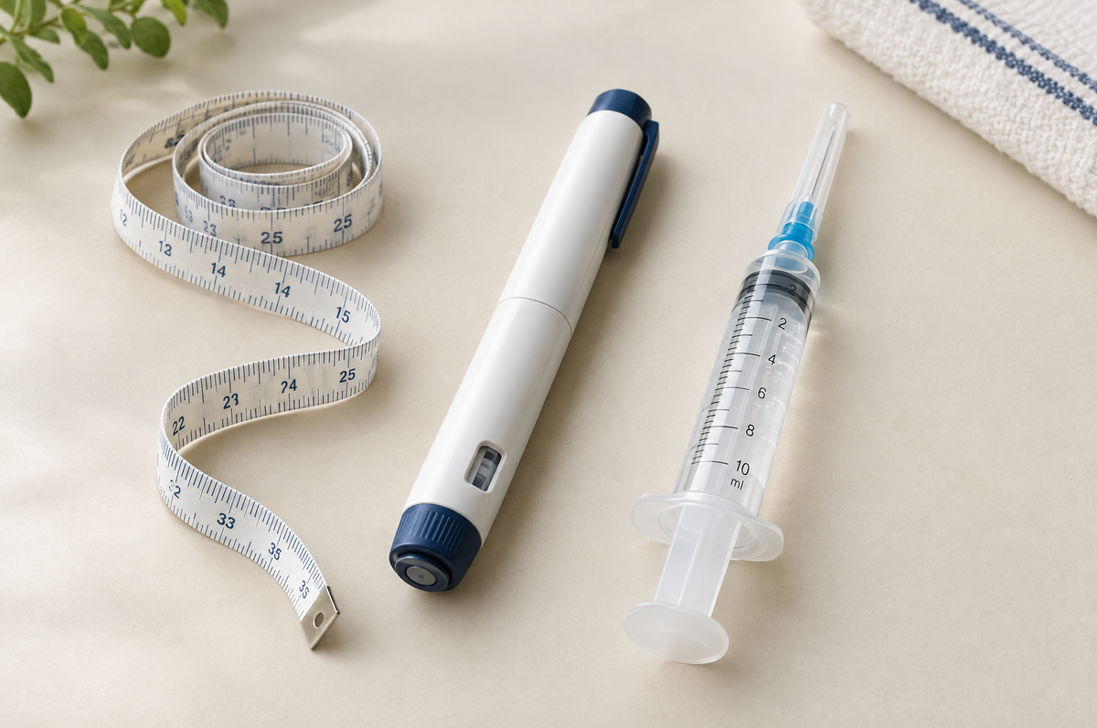 Maßband, Injektionspen und 10-ml-Spritze – Volumenverlust nach starkem Gewichtsverlust