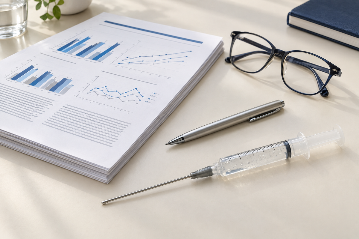 Studienunterlagen mit Diagrammen, Lesebrille und 10-ml-Spritze mit stumpfer Kanüle