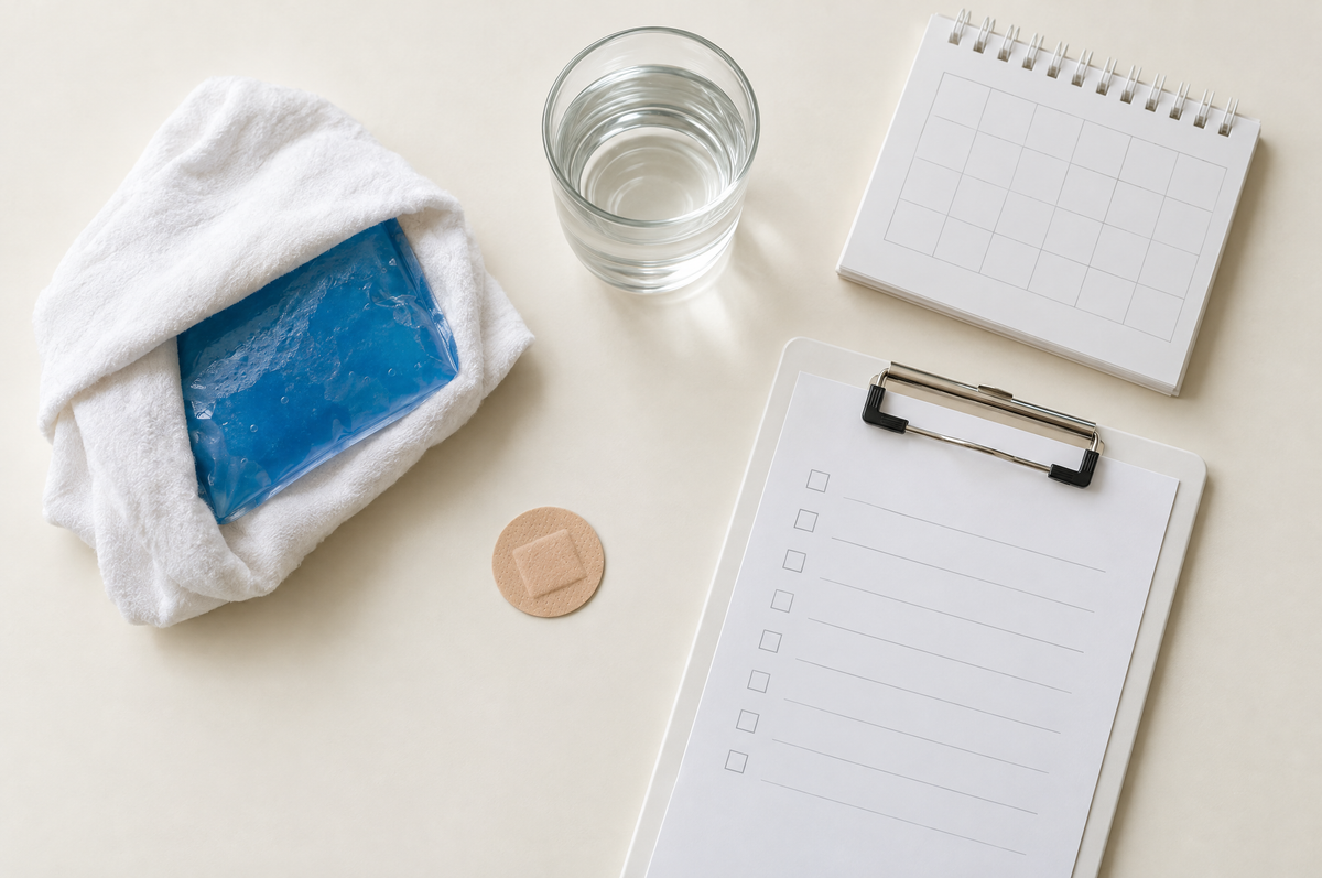 Nachsorge nach einer Filler-Behandlung: Kühlpad im Tuch, Pflaster, Wasserglas und Checkliste