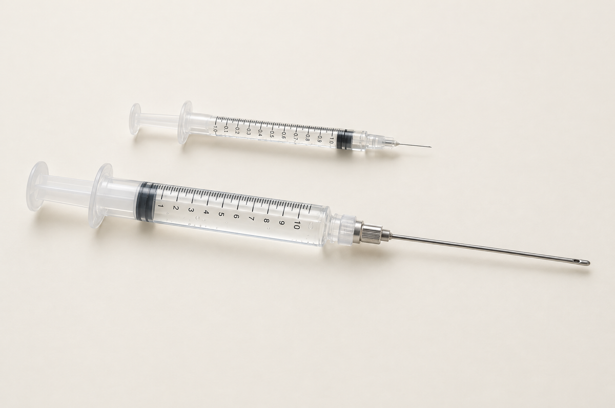 Größenvergleich: 1-ml-Spritze mit feiner Nadel (Gesichtsfiller) und 10-ml-Spritze mit stumpfer Kanüle (Bodyfiller)