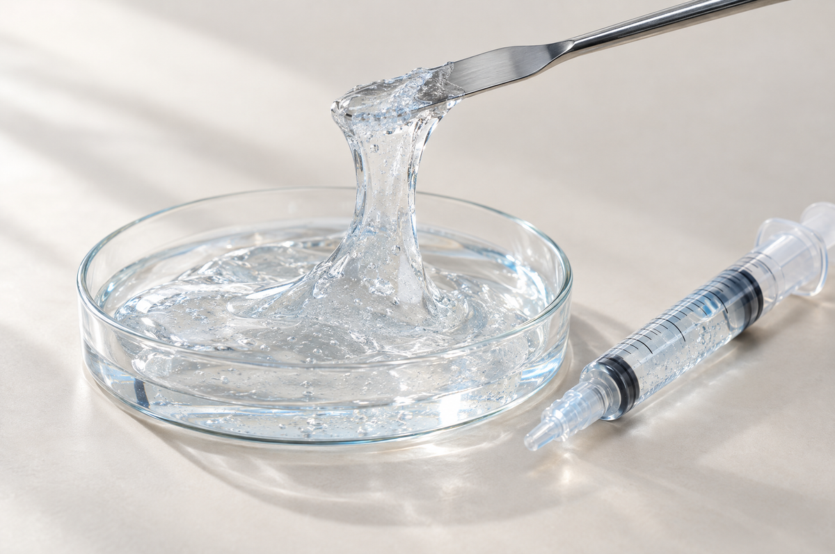 Vernetztes Hyaluron-Gel: kohäsiver Gelstrang auf einem Spatel über einer Petrischale, daneben eine 10-ml-Spritze